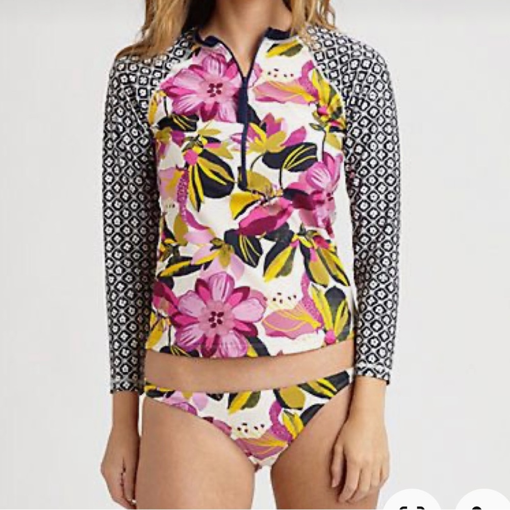 5 piece Tory Burch Swim ensemble:rash guard, flip flops, 2 bikini tops, 1 bottom